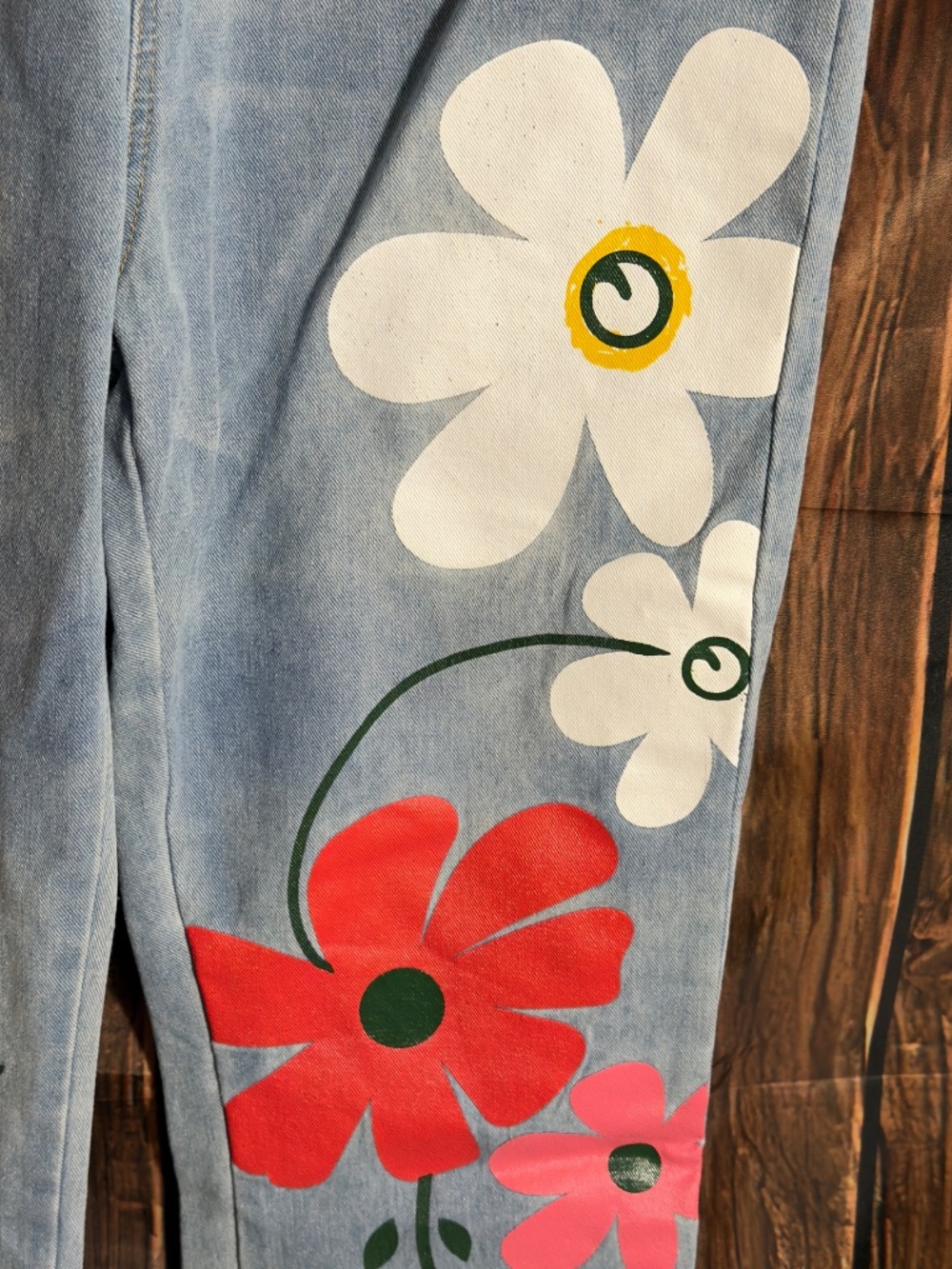 MISSLOOK Floral Denim Overalls Large Light Wash Straight Leg Y2K Cottagecore - Picture 3 of 16
